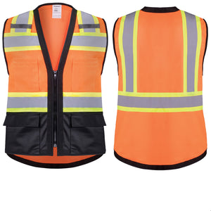 Safety Vest Orange-Black 10-Pack Class 2 Hi-Visibility All Solid Fabric with 6 Pockets, ANSI/ISEA Certified