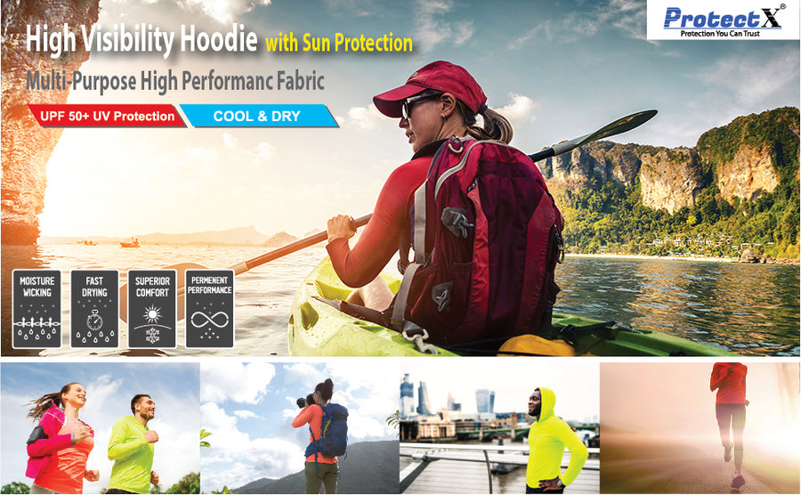 ProtectX Neon Green High Visibility Sun Protection Lightweight Long Sleeve Hoodie, UPF 50+ Quick-Dry, SPF UV Shirt, Active Wear