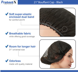 Disposable Bouffant Cap (Hair Net) 21" - Black - AZAC Group