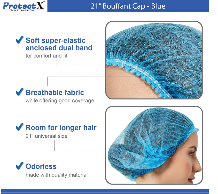 Disposable Bouffant Cap (Hair Net) 21" - Blue - AZAC Group