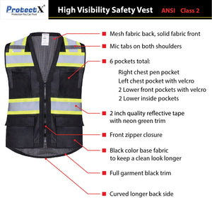 Safety Vest Black 10-Pack Class 2 Hi-Visibility Solid Front Mesh Back with 6 Pockets, ANSI/ISEA Certified