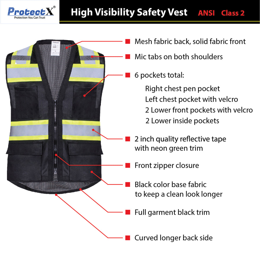 Safety Vest Black Class 2 Hi-Visibility Solid Front Mesh Back with 6 Pockets, ANSI/ISEA Certified