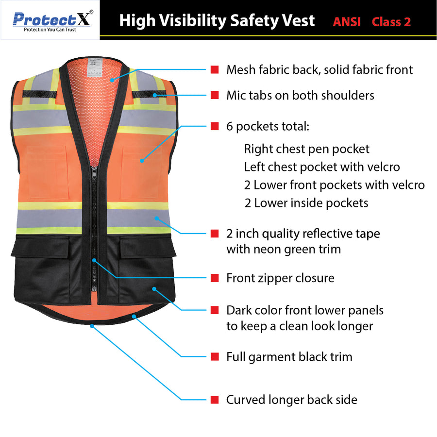 Safety Vest Orange-Black 10-Pack Class 2 Hi-Visibility Solid Front Mesh Back with 6 Pockets, ANSI/ISEA Certified