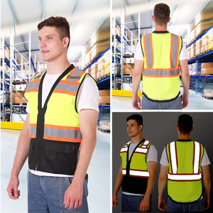 Safety Vest Green-Black Class 2 Hi-Visibility Solid Front Mesh Back with 6 Pockets, ANSI/ISEA Certified