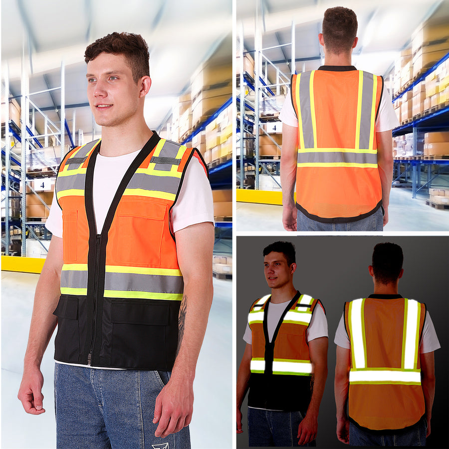 Safety Vest Orange-Black 10-Pack Class 2 Hi-Visibility Solid Front Mes –  AZAC Group