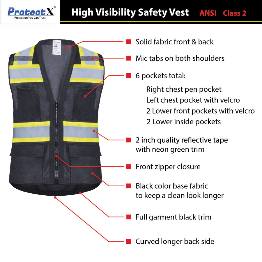 Safety Vest Black 10-Pack Class 2 Hi-Visibility All Solid Fabric with 6 Pockets, ANSI/ISEA Certified