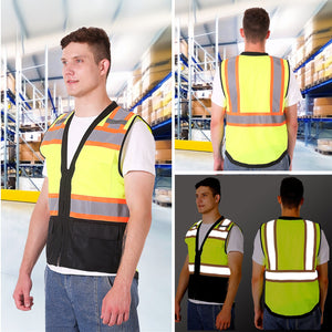 Safety Vest Green-Black 10-Pack Class 2 Hi-Visibility All Solid Fabric with 6 Pockets, ANSI/ISEA Certified