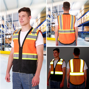 Safety Vest Orange-Black, Class 2 Hi-Visibility All Solid Fabric with 6 Pockets, ANSI/ISEA Certified