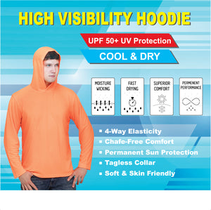 ProtectX High Visibility Sun Protection Lightweight Long Sleeve Hoodie, UPF 50+ Quick-Dry, SPF UV Shirt, Active Wear - Neon Orange