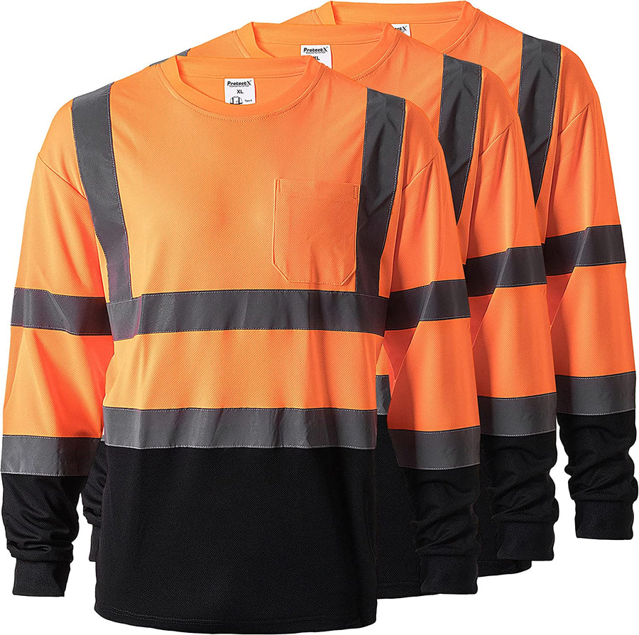 ProtectX Reflective High Visibility Orange 3-Pack Heavy-Duty Long Sleeve Safety T-Shirt Type R Class 2
