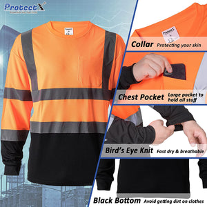 ProtectX Reflective High Visibility Orange 3-Pack Heavy-Duty Long Sleeve Safety T-Shirt Type R Class 2