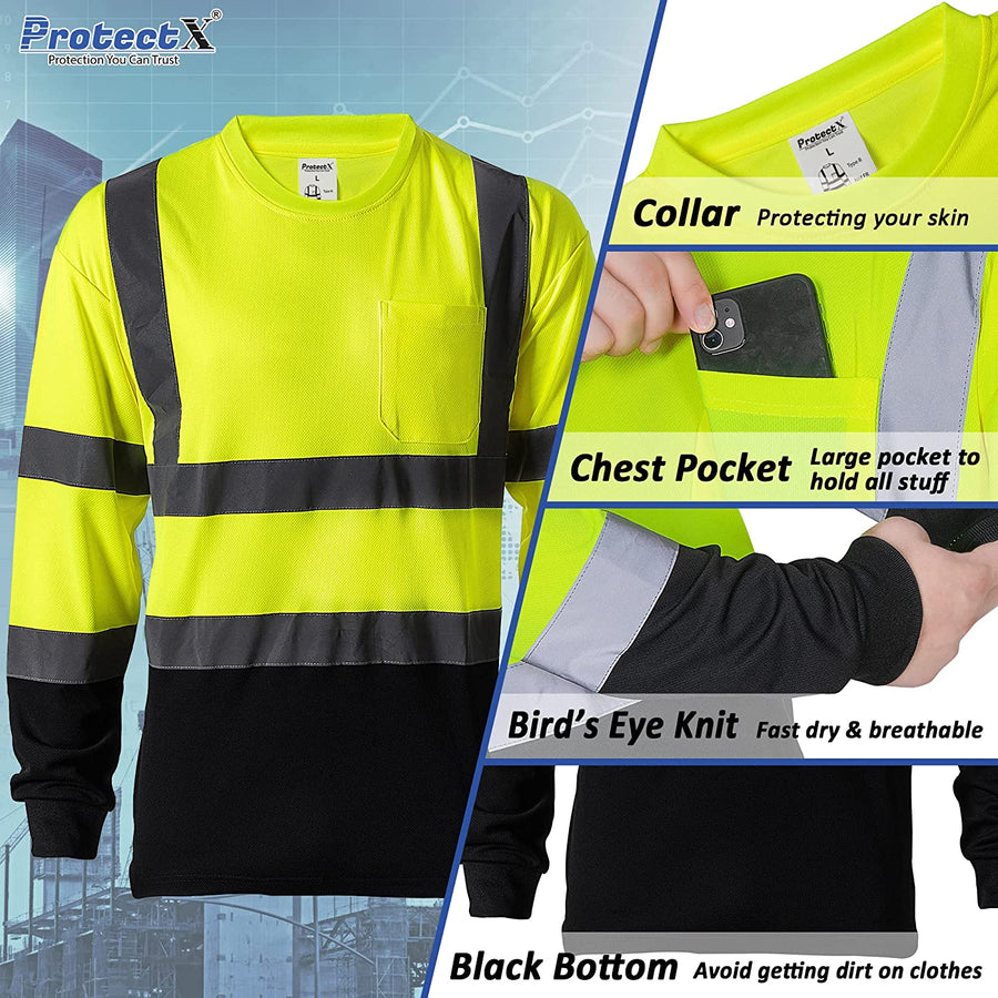 ProtectX Reflective High Visibility Green 3-Pack Heavy-Duty Long Sleeve Safety T-Shirt Type R Class 2
